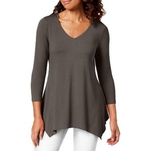 JM Collection V-Neck Handkerchief-Hem Top Brown M